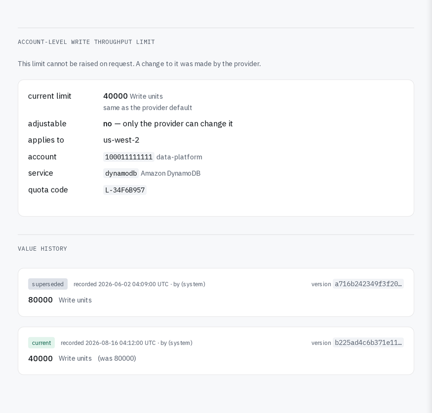a service limit that cannot be raised on request, showing 80,000 write units superseded and 40,000 current