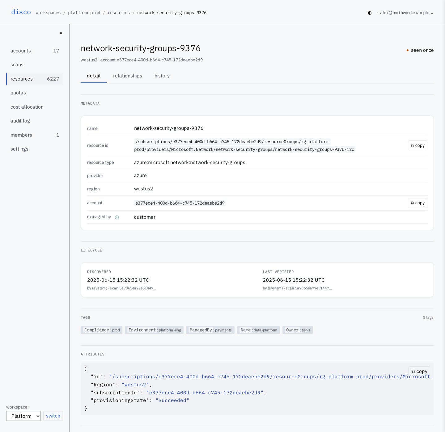 one resource opened, showing its name, type, provider, region and account, when it was discovered and last verified, its tags, and the provider's own attributes